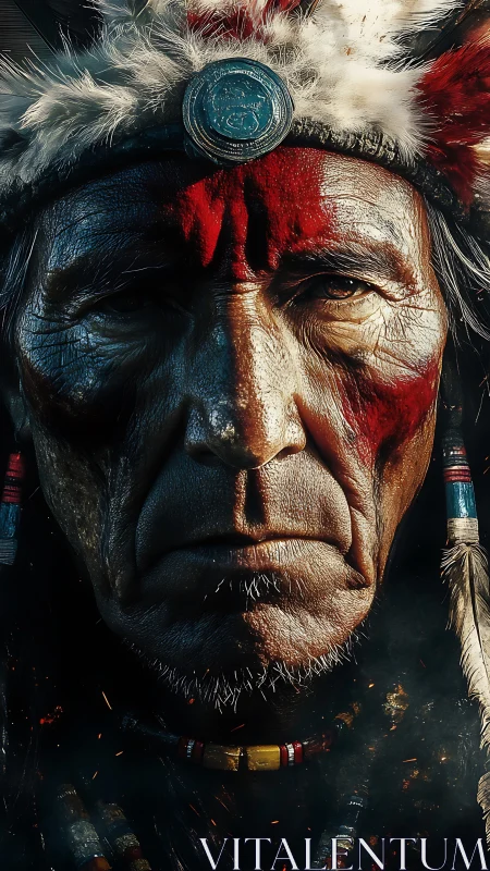 Elder warrior portrait with red paint and feathered crown