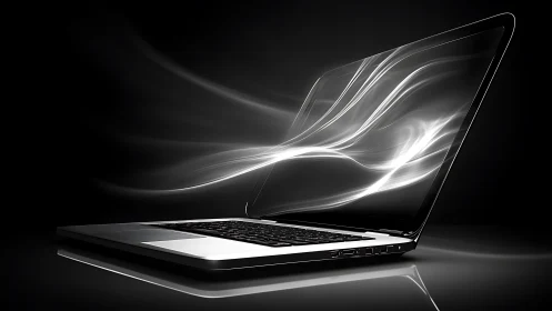 Open laptop with abstract light trails on screen in dark.