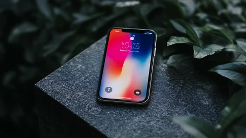 Mobile device on textured surface with foliage backdrop.