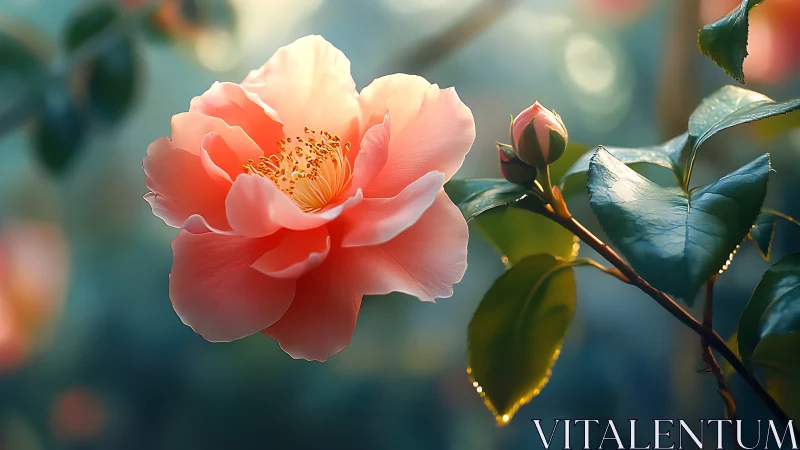 Coral Pink Peony Bloom with Golden Center.