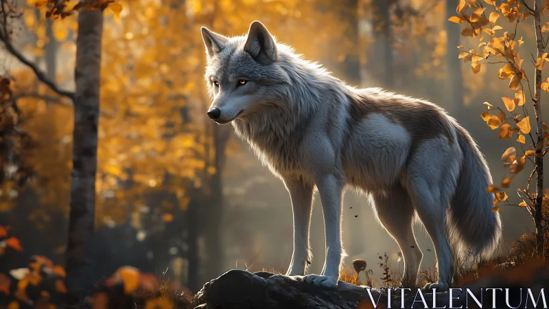 Digitally rendered wolf stands in backlit autumn forest