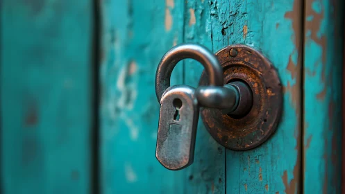 Weathered turquoise door with metal lock and handle.