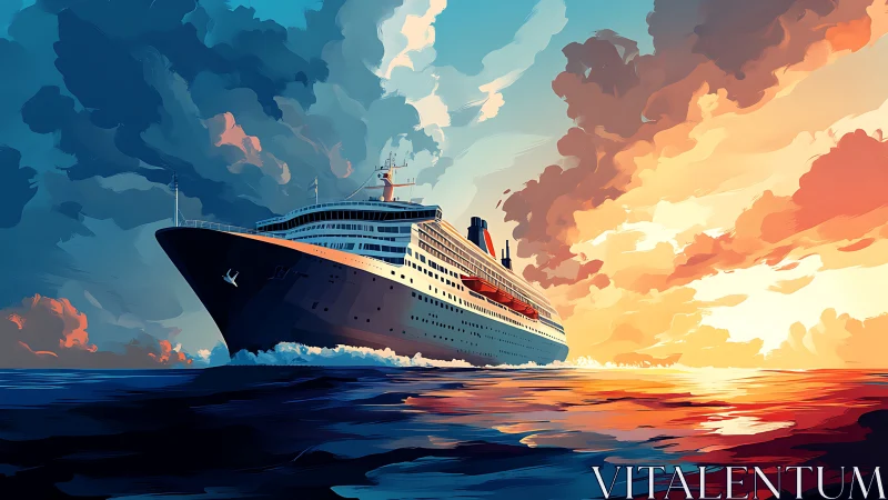 Ocean liner advances toward sunset in dynamic color fields