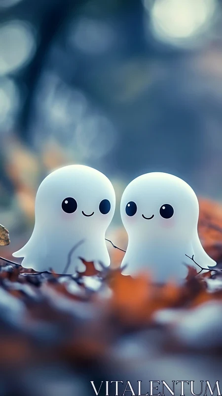 Gentle ghostly friends sharing a quiet autumn forest moment.