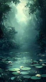Mystic forest pond holds luminous lilies and drifting mist