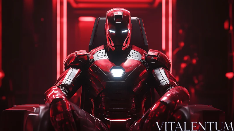 Crimson armored sentinel resting in a neon red command chair.