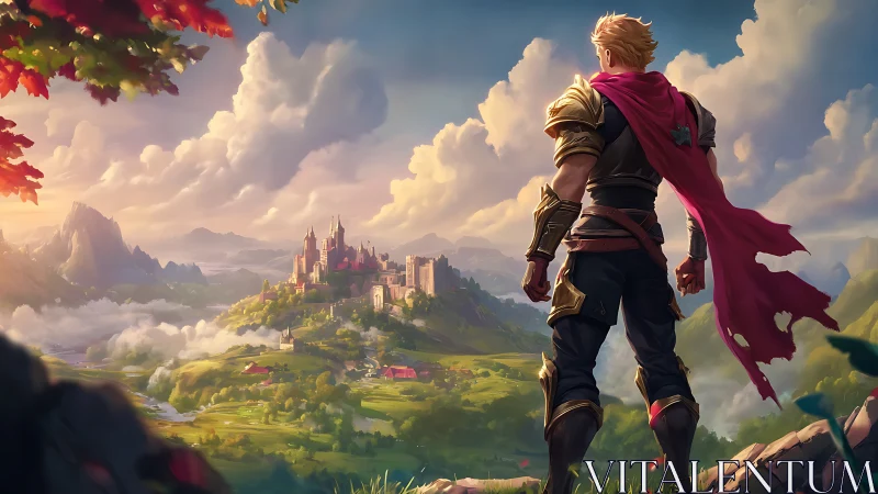 Armored hero surveys sunlit valley kingdom in epic vista.