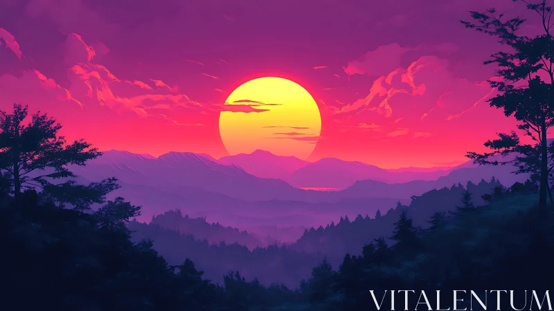 Sunset over layered mountains with silhouetted forest foreground.