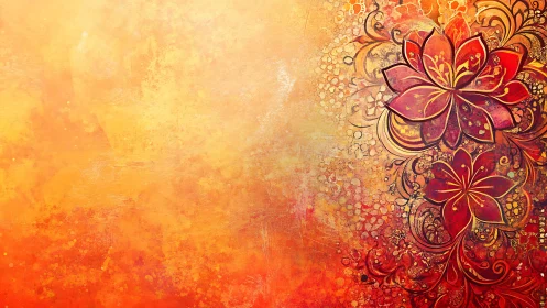 Crimson lotus blooms ignite ornate golden abstract field.