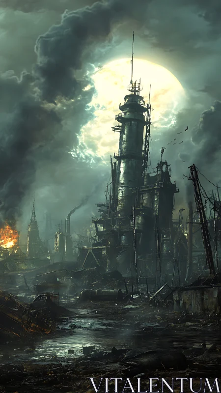 Moonlit smokestack crowns a broken post apocalyptic refinery