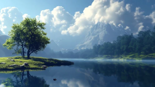 Solitary lakeside tree beneath towering alpine clouds.