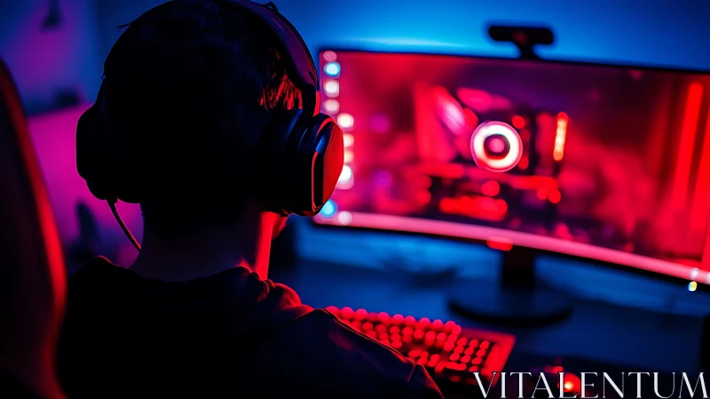 Person uses curved monitor and headset in RGB lit workspace