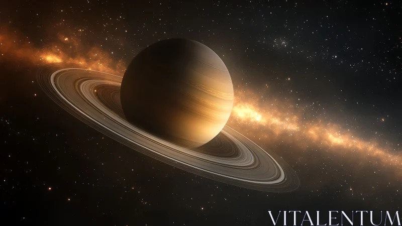 Ringed gas giant in golden backlit galactic dust plane.