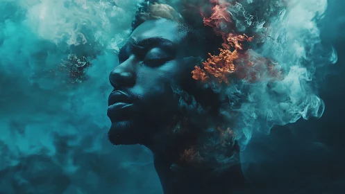 Surreal portrait shows calm face dissolving into glowing clouds