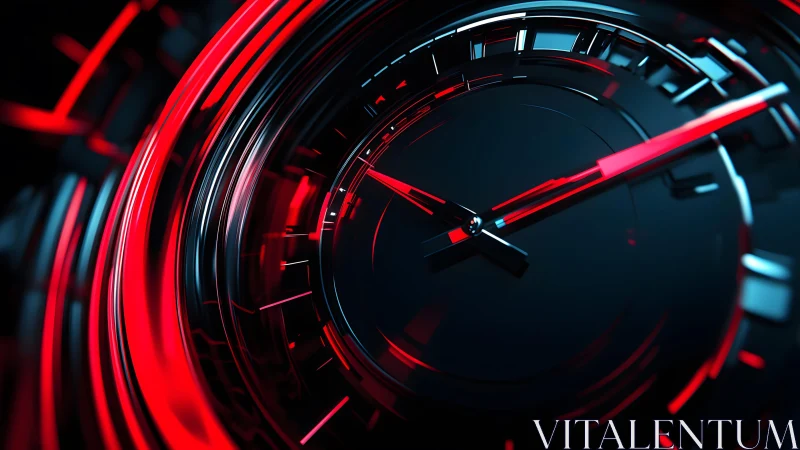 Futuristic clock face in neon red and black digital art style.