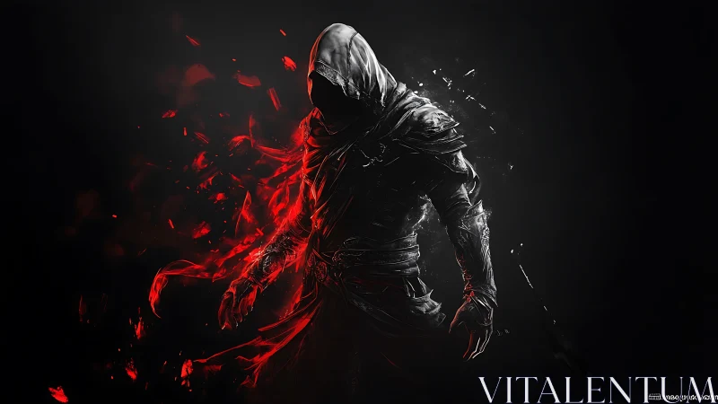 Hooded dark assassin figure with red energy shattering