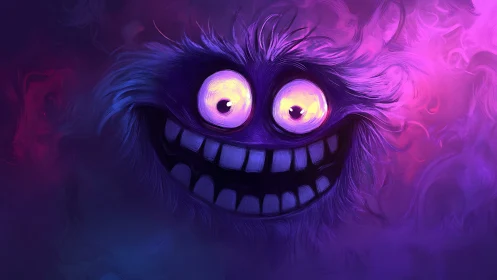 Iridescent furry monster face with exaggerated grin and eyes