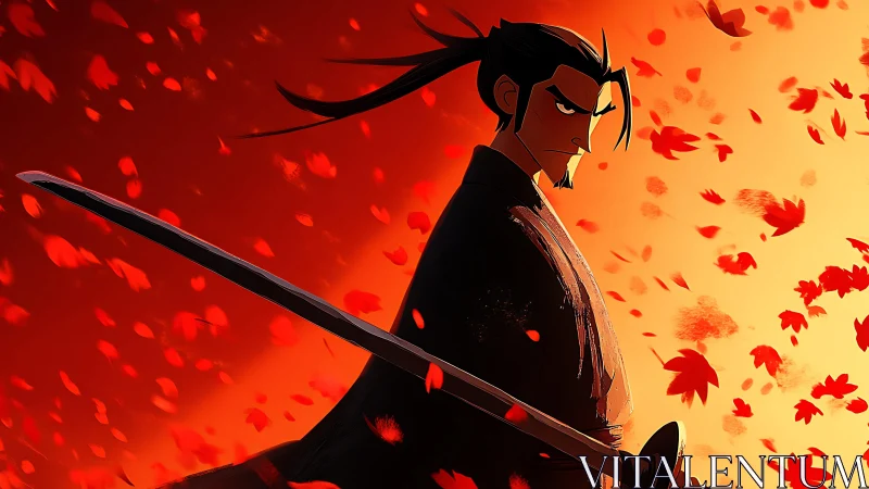 Samurai silhouette amid kinetic autumn leaf vortex field.