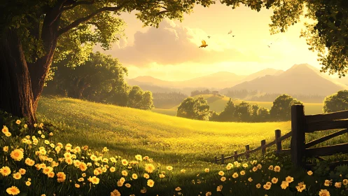 Sunlit daisy kingdom rolling toward whisper-soft mountains.