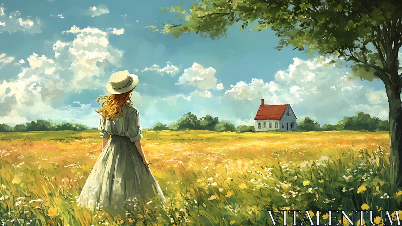 Gentle summer wanderer gazes toward a quiet country home