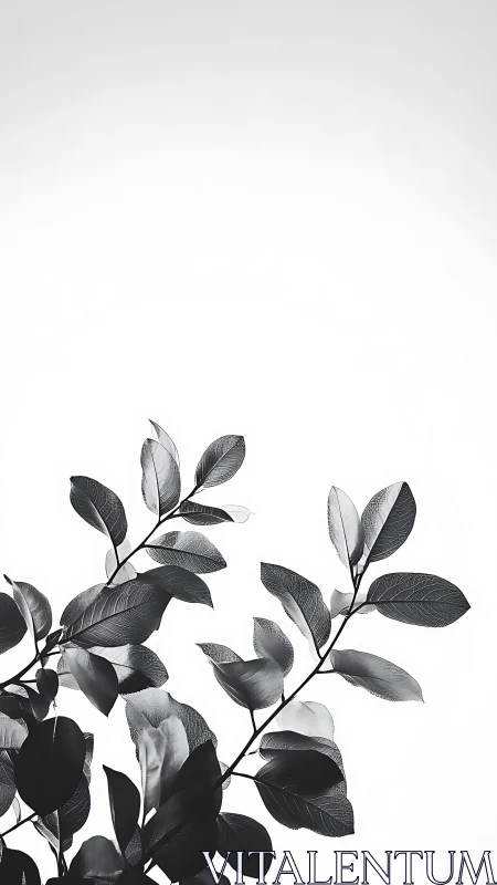 Monochrome plant branches extend upward against white background