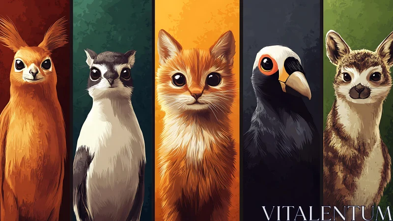 Digital Wildlife Portrait Series. Five Stylized Animal Heads.