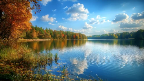 Autumn shoreline and reflective lake under scattered clouds.