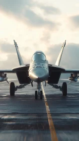 Modern fighter jet waits on wet runway under soft sunrise