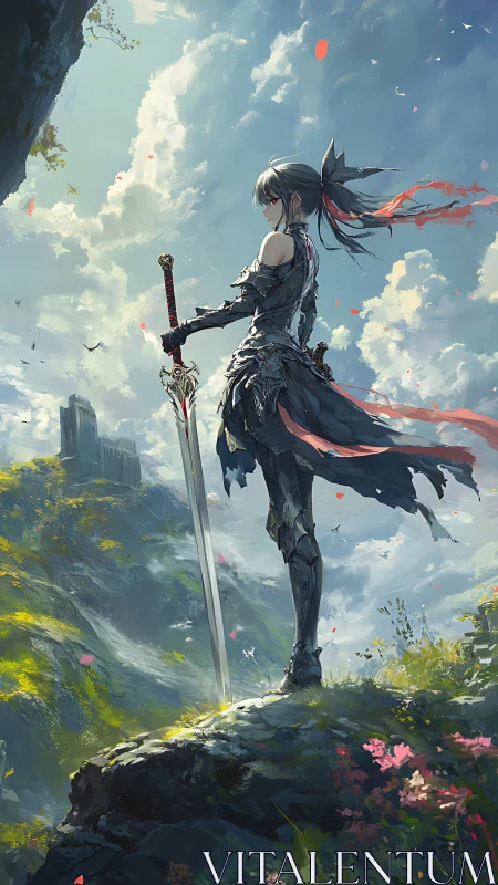Armored swordswoman on cliffside overlook with distant citadel