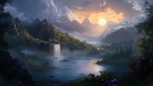 Digital landscape depicts river, waterfall and distant mountains