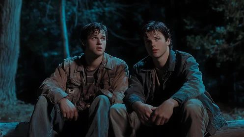 Two young men under cinematic blue night lighting outdoors.