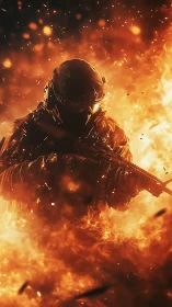 Flame-lit soldier striding through a blazing inferno of sparks.