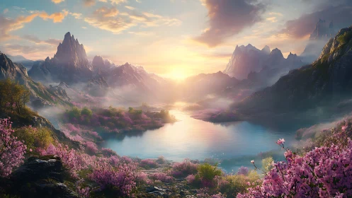 Sunlit mountain valley lake with pink spring blossoms.