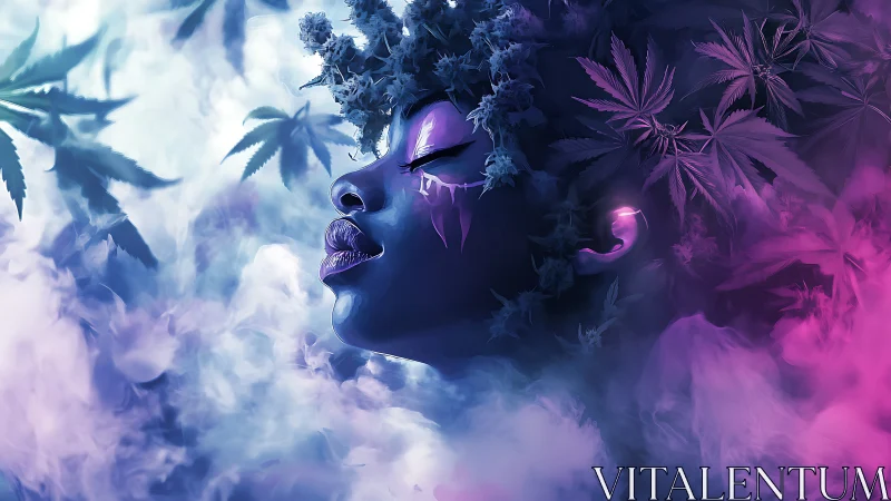 Neon-lit female profile merges with cannabis foliage and vapor