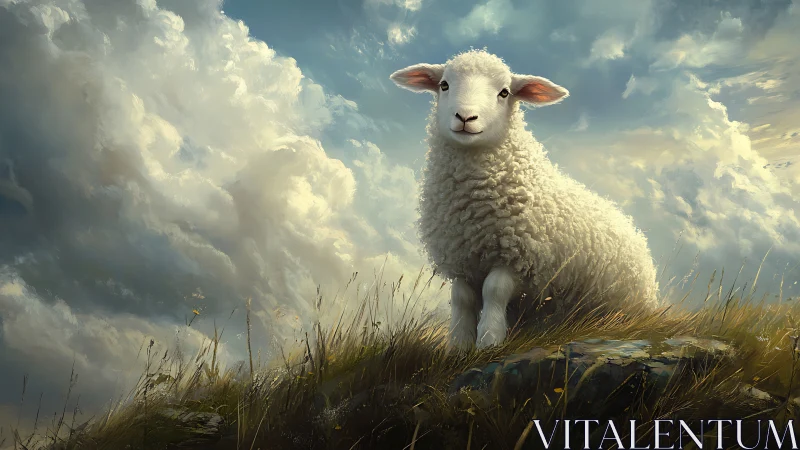 Gentle hilltop lamb under sweeping storybook skies.