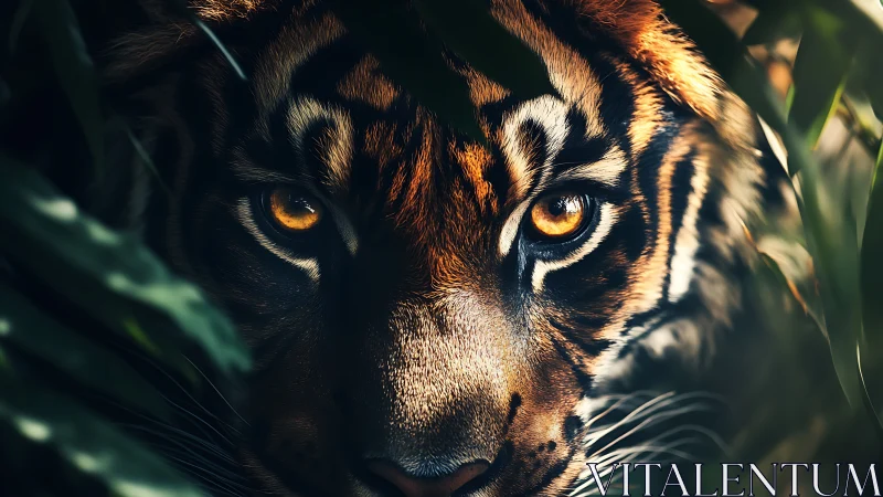 Tiger gaze through jungle foliage in dramatic close-up.