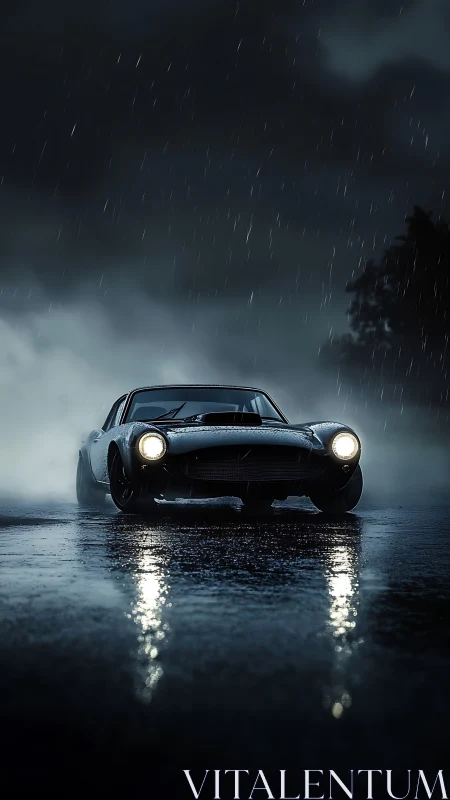 Midnight muscle car cruising through rain-soaked silence.