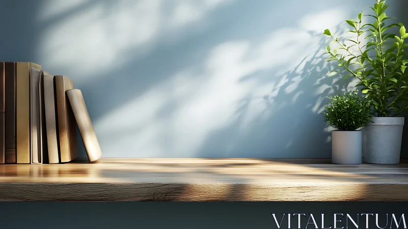 Minimalist wooden shelf with books and sunlit houseplants.