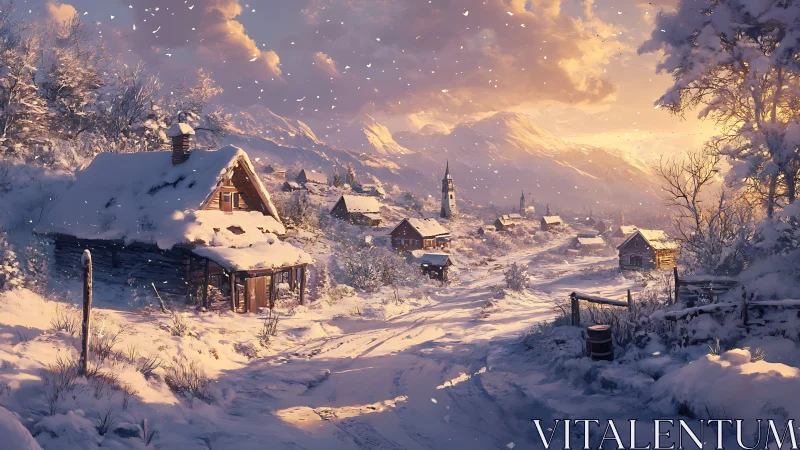 Golden winter village glows softly under drifting snow