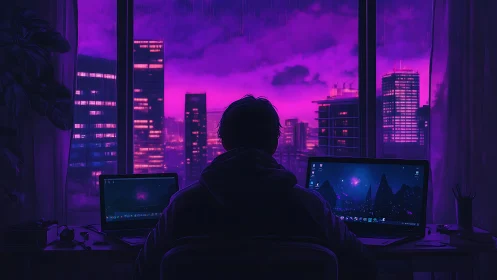 Neon night coder gazes over violet-soaked cyber skyline.