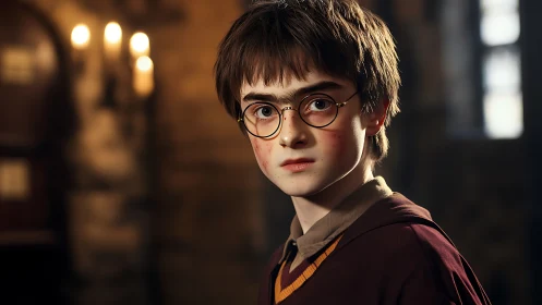 Wide-eyed young wizard in candlelit stone corridor portrait.