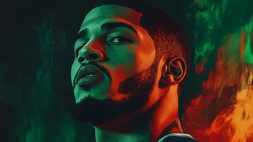 Smoldering portrait bathed in neon reds and forest greens.