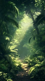 Digital rendering of tropical jungle canopy with dappled light pathways and layered vegetation depth