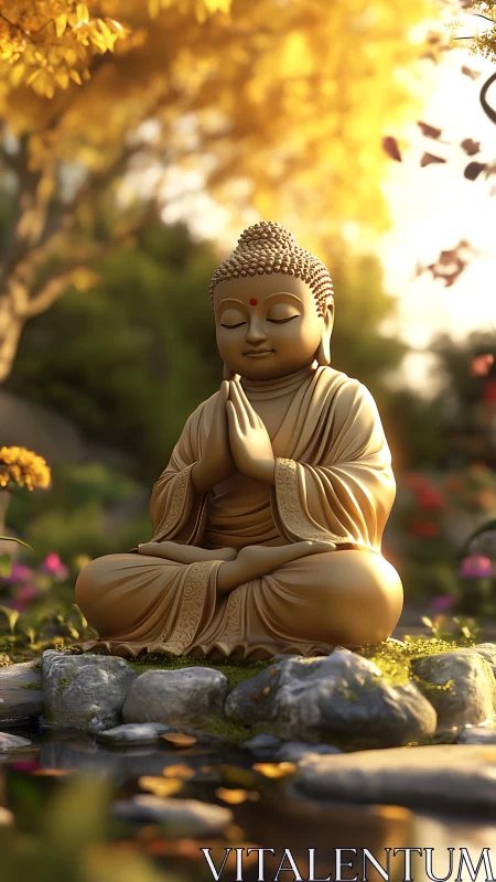 Rendered Buddha statue sits in garden setting by shallow pond