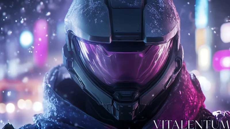 Neon dusk guardian in a snowy cyber city street.