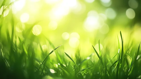 Sunlit Close-Up of Fresh Green Grass in Soft Focus Style.