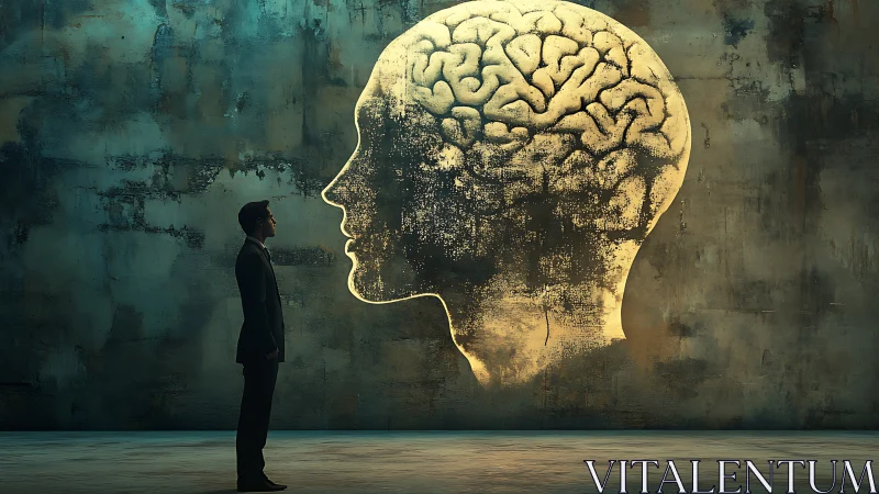 Man quietly studies a glowing brain mural in a moody space