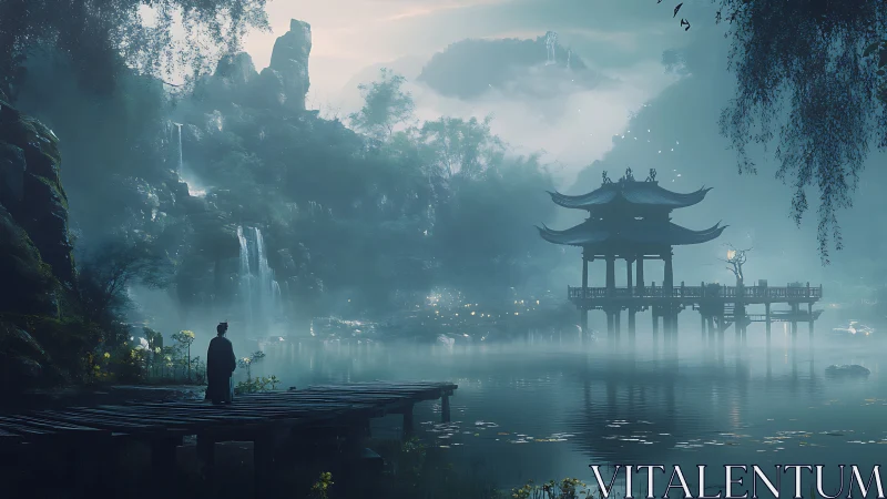 Misty lakeside temple glows softly in a tranquil mountain dawn
