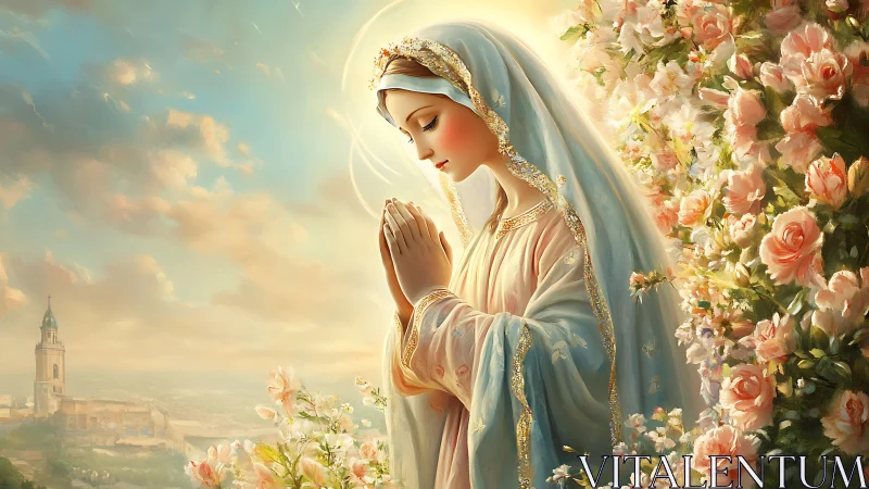 Praying veiled woman stands amid roses under glowing sky
