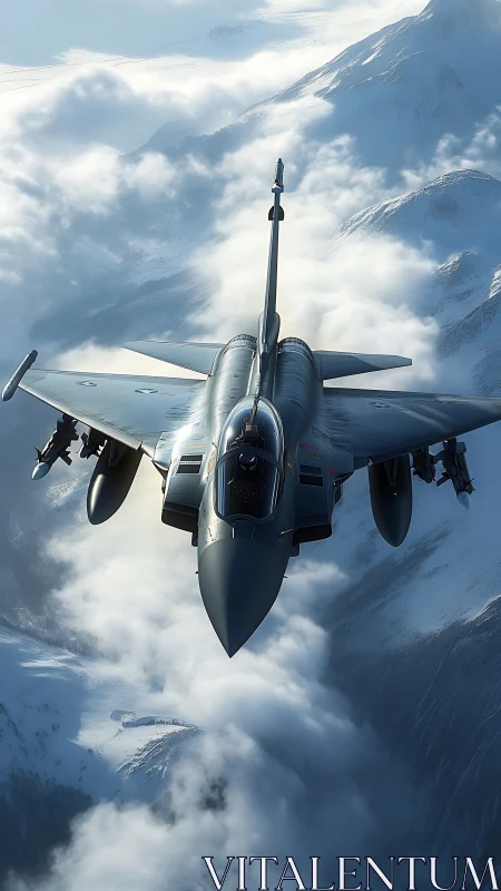 Jet fighter flies over cloud-covered snowy mountain range